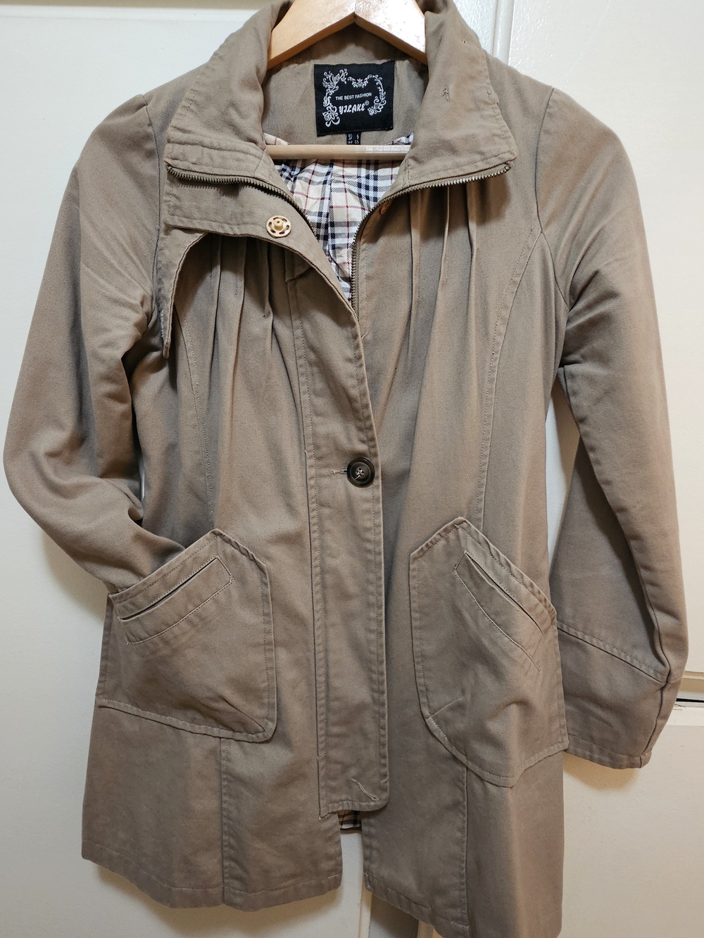 Women's Tan Trench Coat with Stand Collar